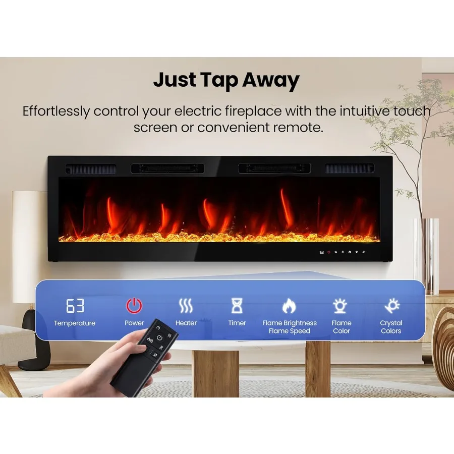 Camino elettrico a parete 60 con potenza di riscaldamento da 1500 W Design da incasso per soggiorno o camera da letto 3 modalità di riscaldamento Slim Bla