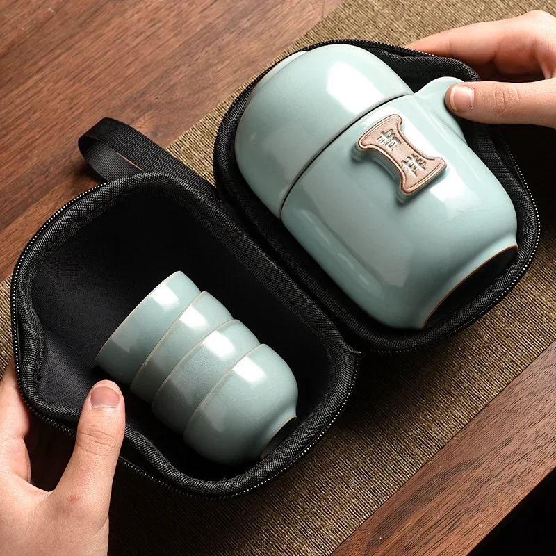 One Pot and Five Cups Travel Tea Set Ru Kiln Convenient Outdoor Quick Cup Set Tea Sets Complete Set Chinese Gift Tea Accessories
