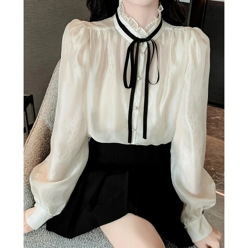 

Bow Lacing Chiffon Blouse Spring Autumn New Long Sleeve Solid Color Thin Elegant Shirt Tops Temperament Korean Women Clothing