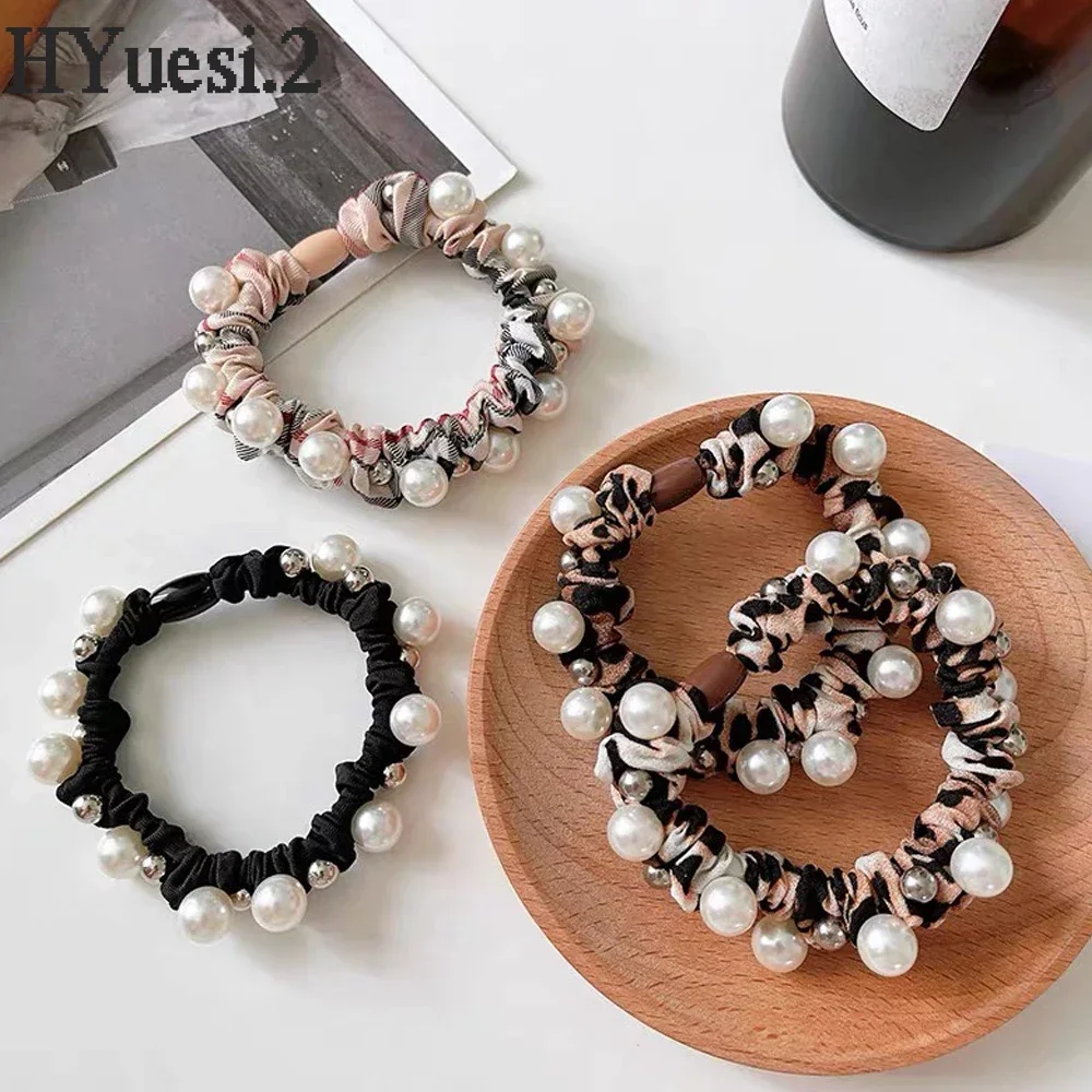 Lazos para el pelo con perlas de imitación para mujer, corbatas elásticas simples con patrón de leopardo a cuadros, pulsera de cuerdas para coleta