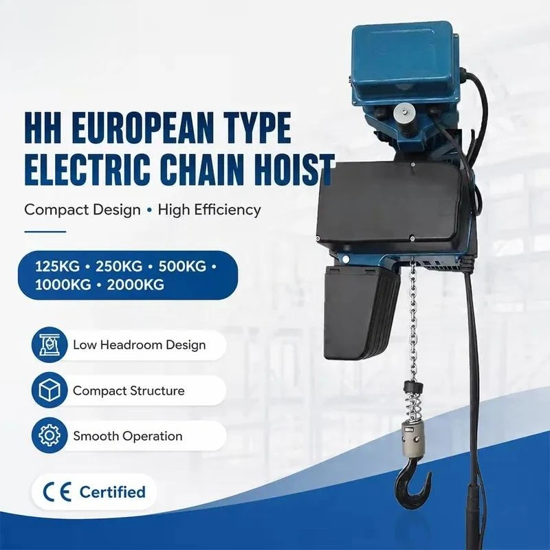 New HH European Type Electric Chain Hoist 125-2000kg Construction Hoist Remote Control Steel Compact Structure Hotels Copper