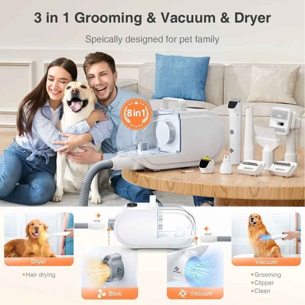 Dog Hair Vacuum & Dryer & Clipper 3 in 1, Dog Grooming Kit Nail Grinder, Pet Hair Dryer with Adjustable Speed and Temperature