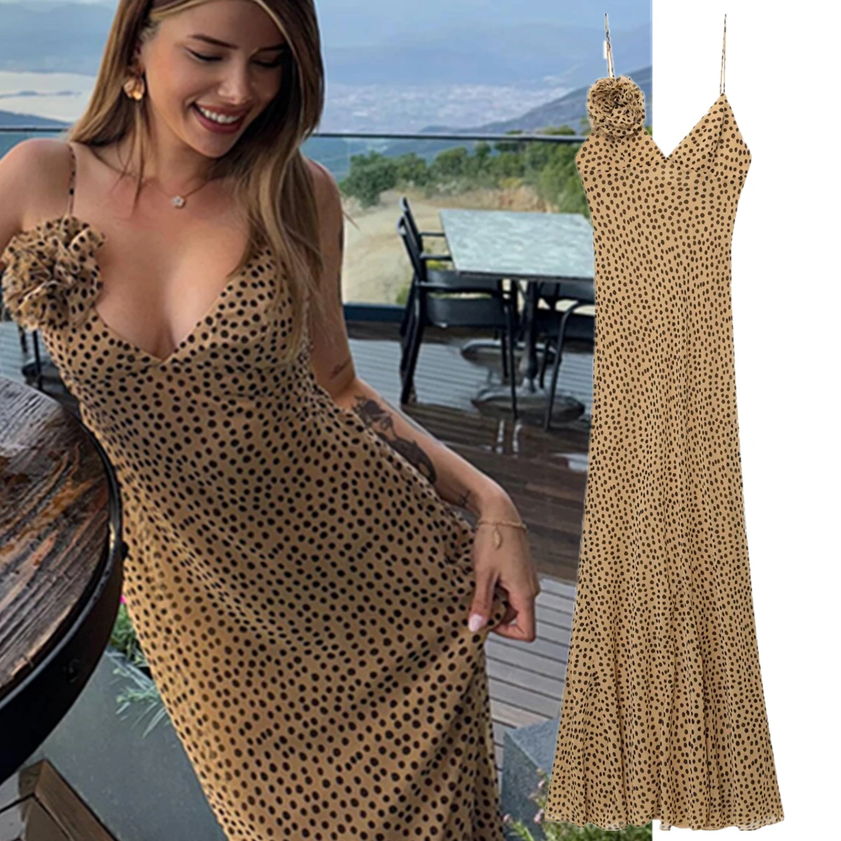 

Maxdutti French Retro Leopard Polka Dot Suspender Dress Flower Decoration Sexy Halter Neck Backless Midi Party Dress Women