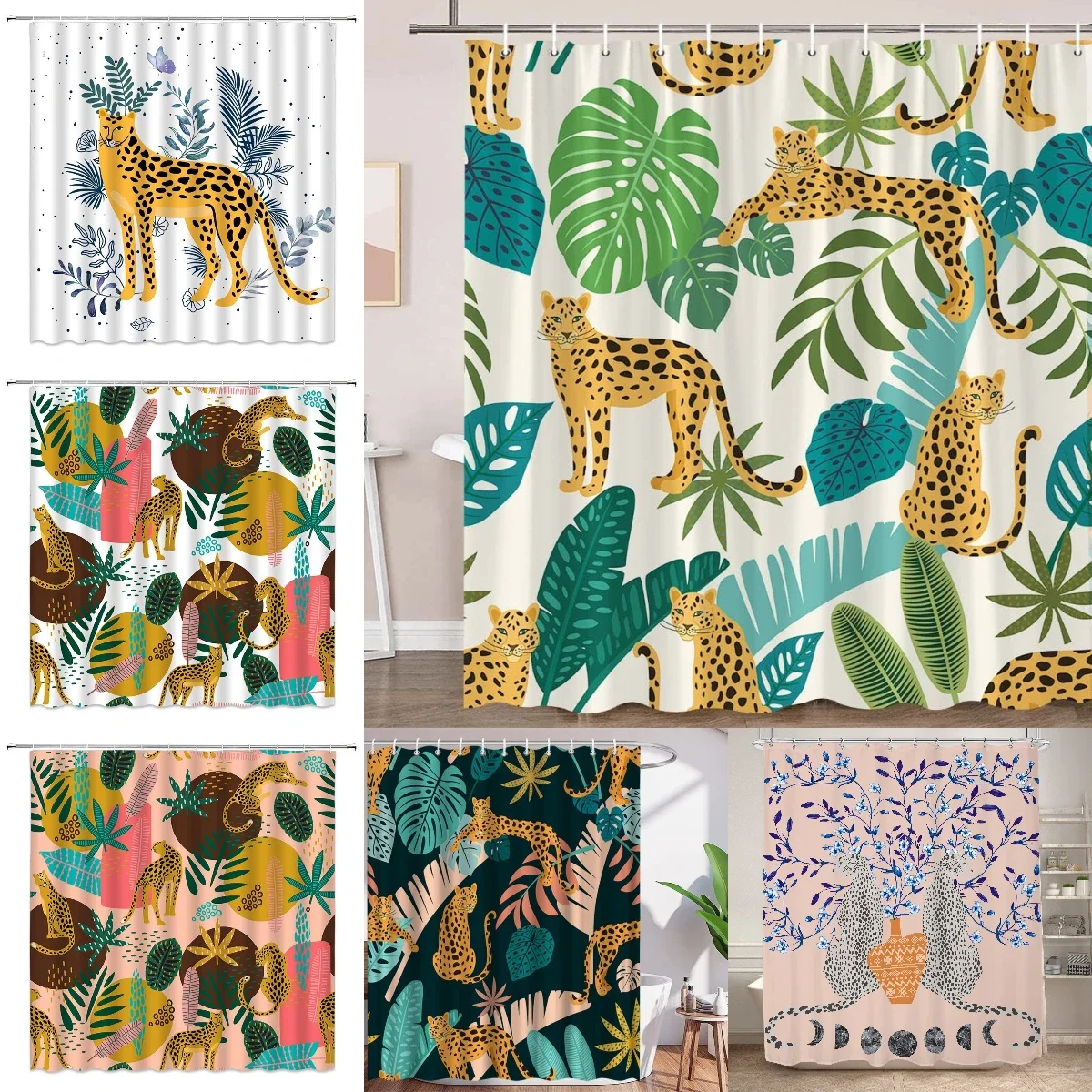Boho Gepard Duschvorhang, Tropischer Leoparden-Badevorhang mit Wildtier, moderner rosa ästhetischer Mondphasen-Badezimmervorhang mit blauem Blumenmuster