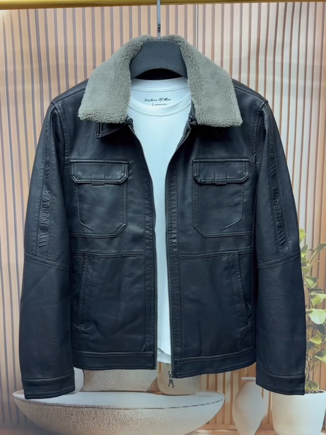 

Early Spring Men's PU Leather Fce Lined Jaet Collar Coat Trendy High Quali Ele Cool Stand Fit Long Sve Zipper