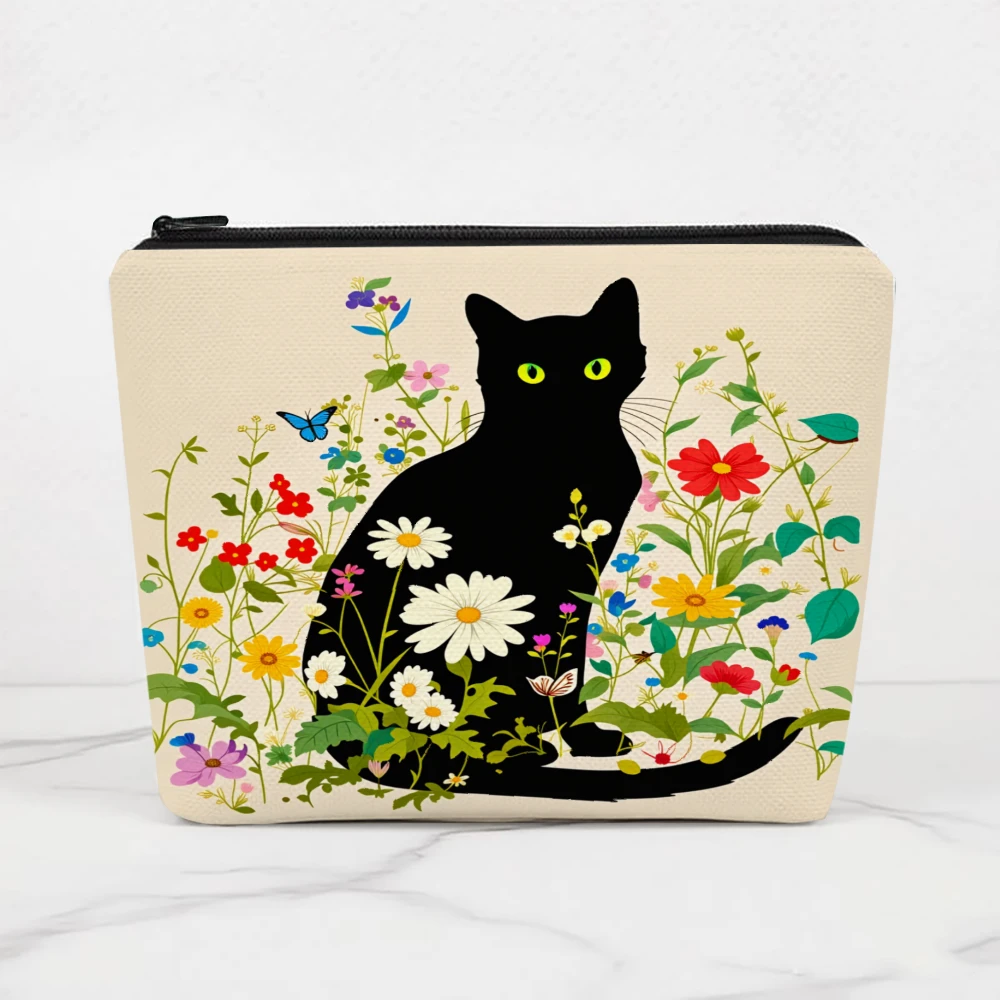 Black Cat Floral Garden Design Makeup Bags for Girls Cosmetic Pouch Toiletry Bag Pencil Case Travel Storage