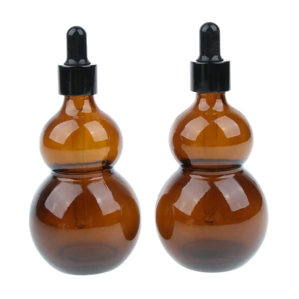 2 Pcs 50ml 100ml Gourd Shaped Amber Glass Bottles for Essential Oil with Glass Eye Dropper Refillable