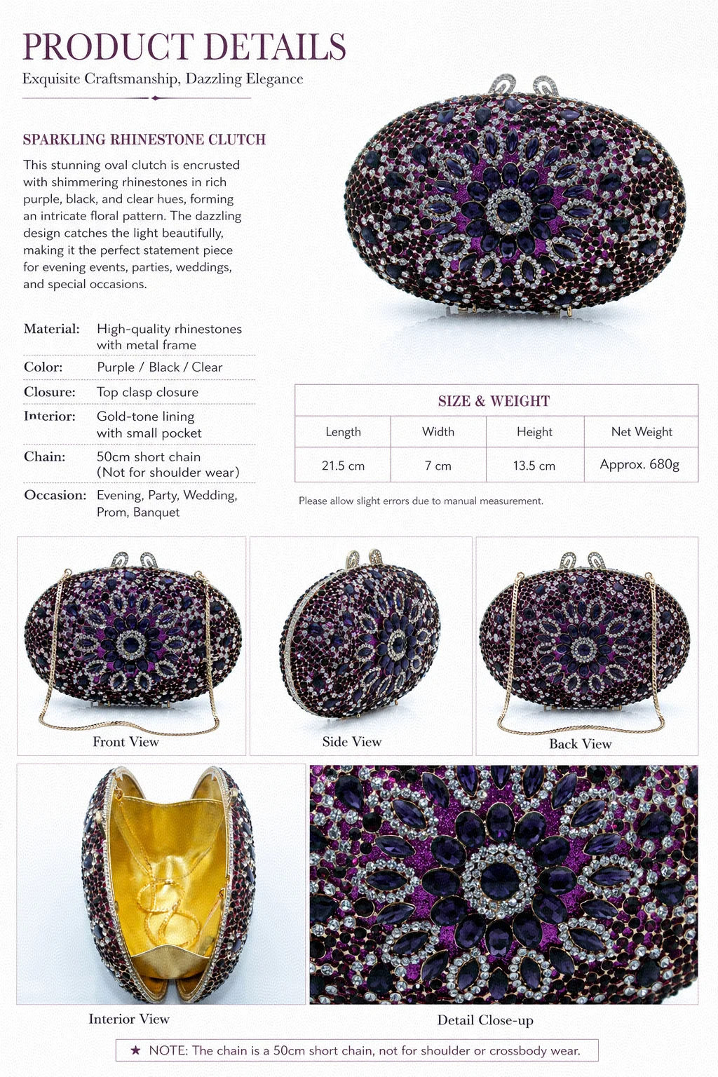 Women Purple Sunflower Rhinestone Evening Clutch Floral Crystal Hardcase Handbag Wedding Prom Formal Dinner Lady Metal Frame Bag