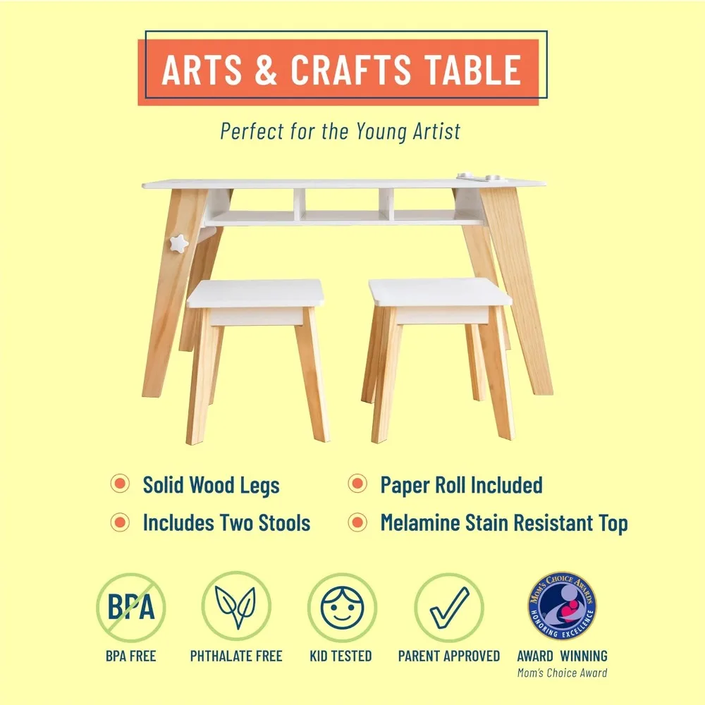 Kids Arts and Crafts Table Set for Boys and Girls, Mid Century Modern Design Table Includes Two Stools