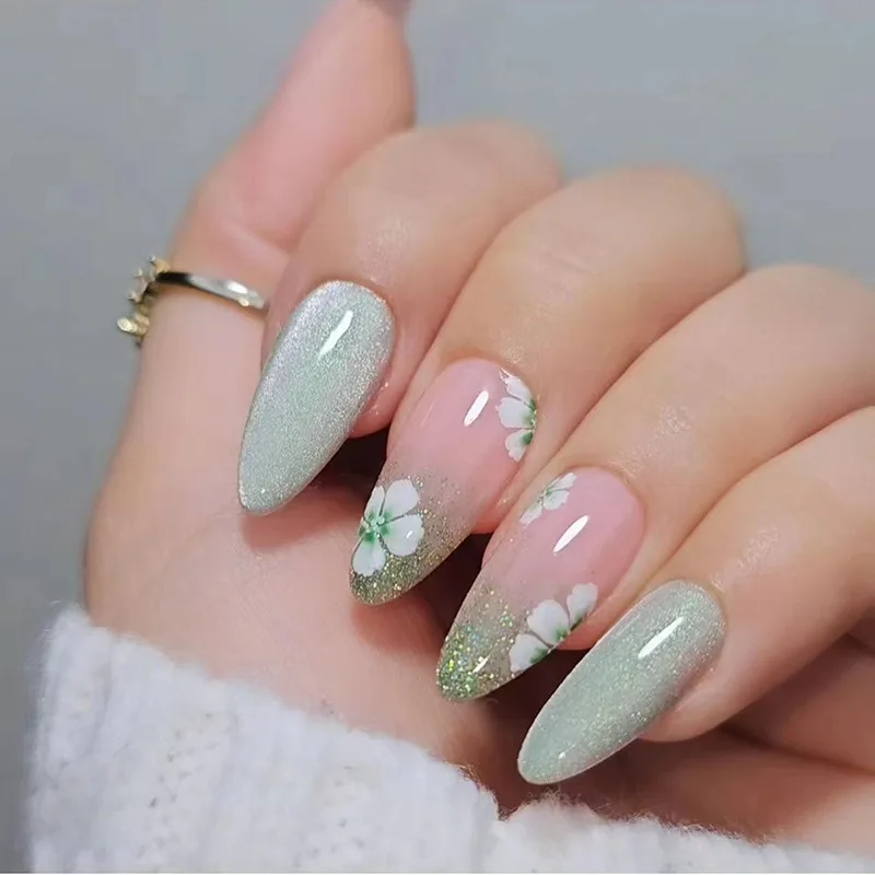 24szt Cat Eye Spring Flower Glitter Almonds Korean Nails Press on Kawaii Girls Cute Almond Adhesive Manicure Long Glued Nails