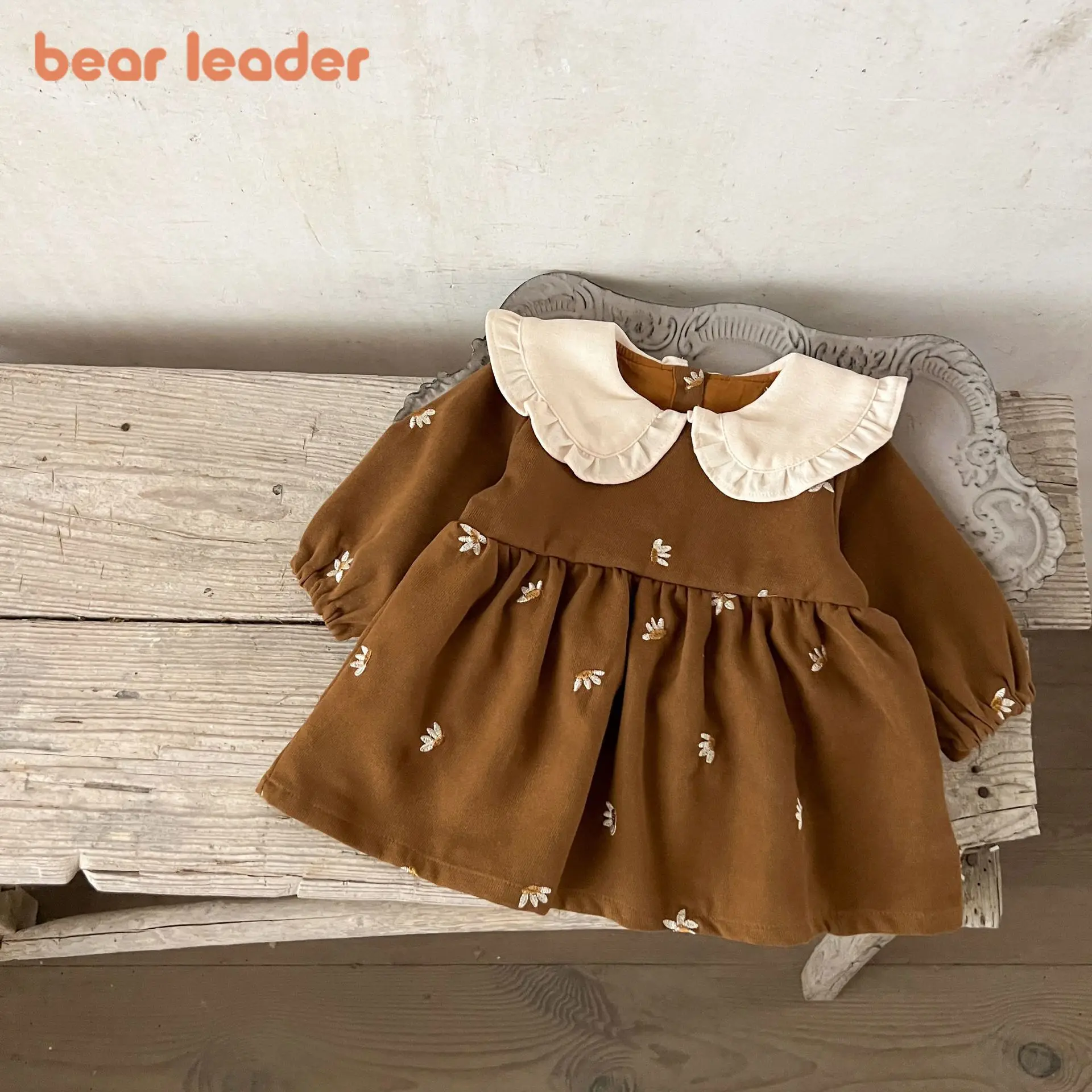 Bear Leader 2026 New Cute Baby Clothing 0-3 Years Old Kids Dress Autumn Long Sleeved Collar Embroidered Flower Girls' Dresses