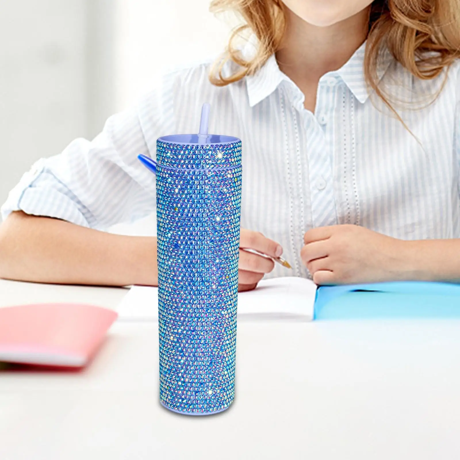 Glitter Crystal Coffee Mug Rhinestone Tumbler 450ml Water Bottle Reusable Plastic Cup with Lid and Straw BPA Free for Cold Brew