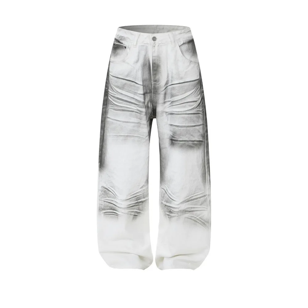 MWJLPWQ Ink-Splattered Distressed Jeans For Men Trendy Punk Style Gradient Tie-Dye Vintage Loose Fit Straight Trousers 17542