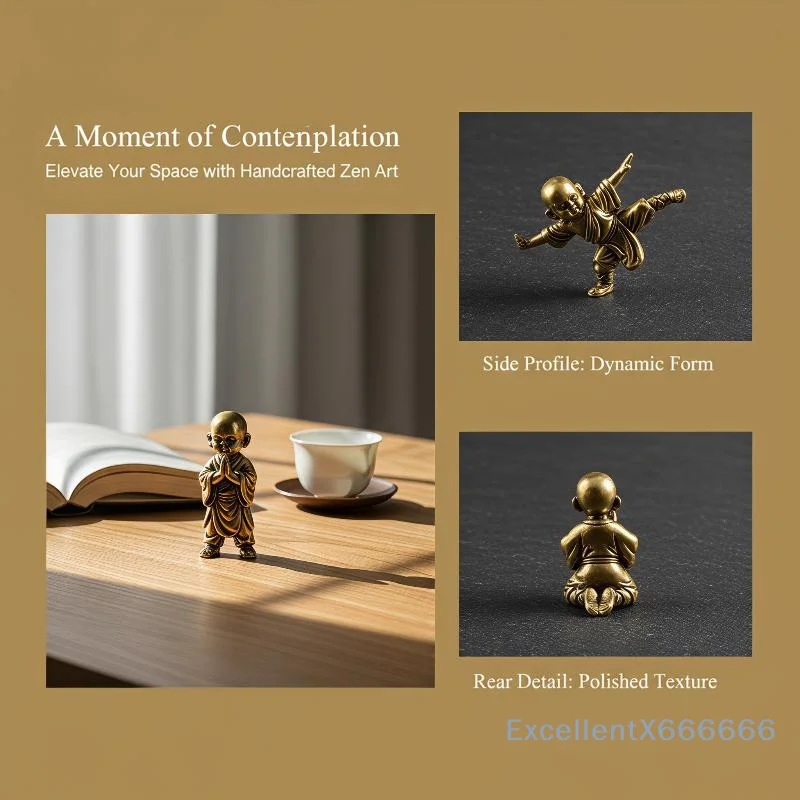 Solid Brass Kung Fu Little Monk Figurine Artisan Handcrafted Small Sculpture for Office Cubicle Decor Gift for Kung Fu Enthusia