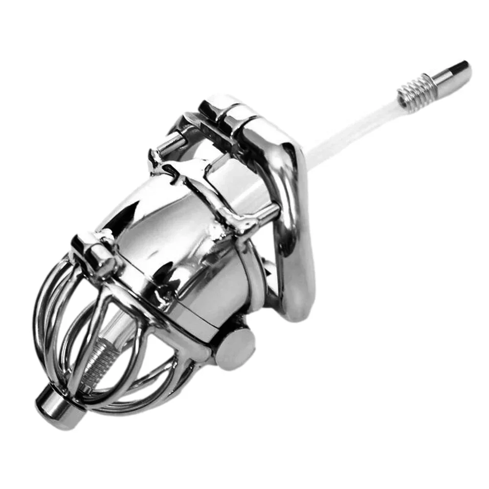 Double Lock Chastity Cage with Urethral Catheter Stainless Steel Male Chastity Devices Sex Toys for Men Penis Lock Cock Ring