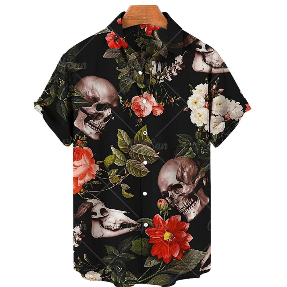 Hawaiihemd mit Totenkopf-Print, kurzärmelig, locker geschnitten, atmungsaktiv, Hip-Hop-Stil, schnelltrocknend, bequemes Herrenhemd für den Strand – Detail 20