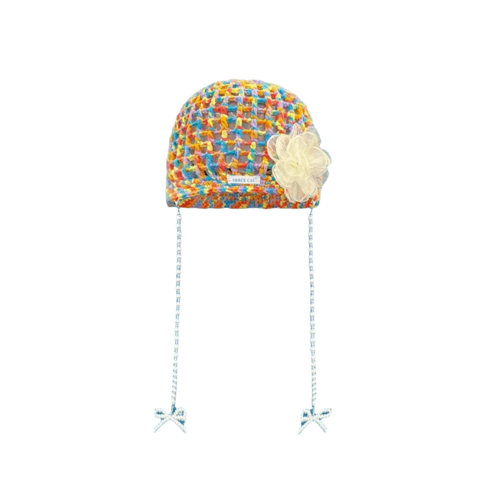 

Bohemian Style Crochet Tassel Beanies Hat Dopamine Color Weave Flower Pullover Cap Handmade Thin Bow Pearl Beanie Cap