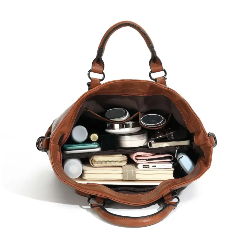 Vintage Brown Red Black Oil Wax Leather Tote Bag Women Large Capacity Shoulder Crossbody Bag With Detachable Strap - view 5