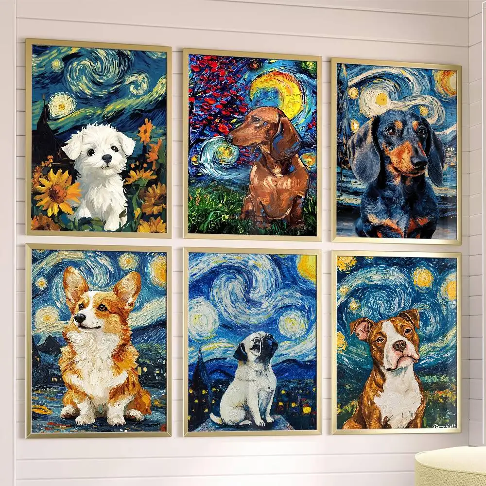 

Starry Sky Puppy Cute Cat Dog Poster Posters,waterproof Paper Stickers,coffee Shops,bar Living Rooms