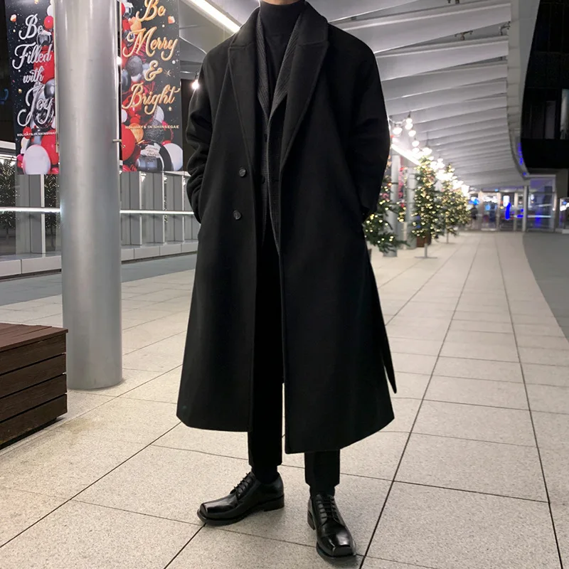 2025 New Woolen Coat Men's Winter Korean Version High-end Over the Knee Trench Coat Loose Retro Thick Woolen Coat Trendy Solid C
