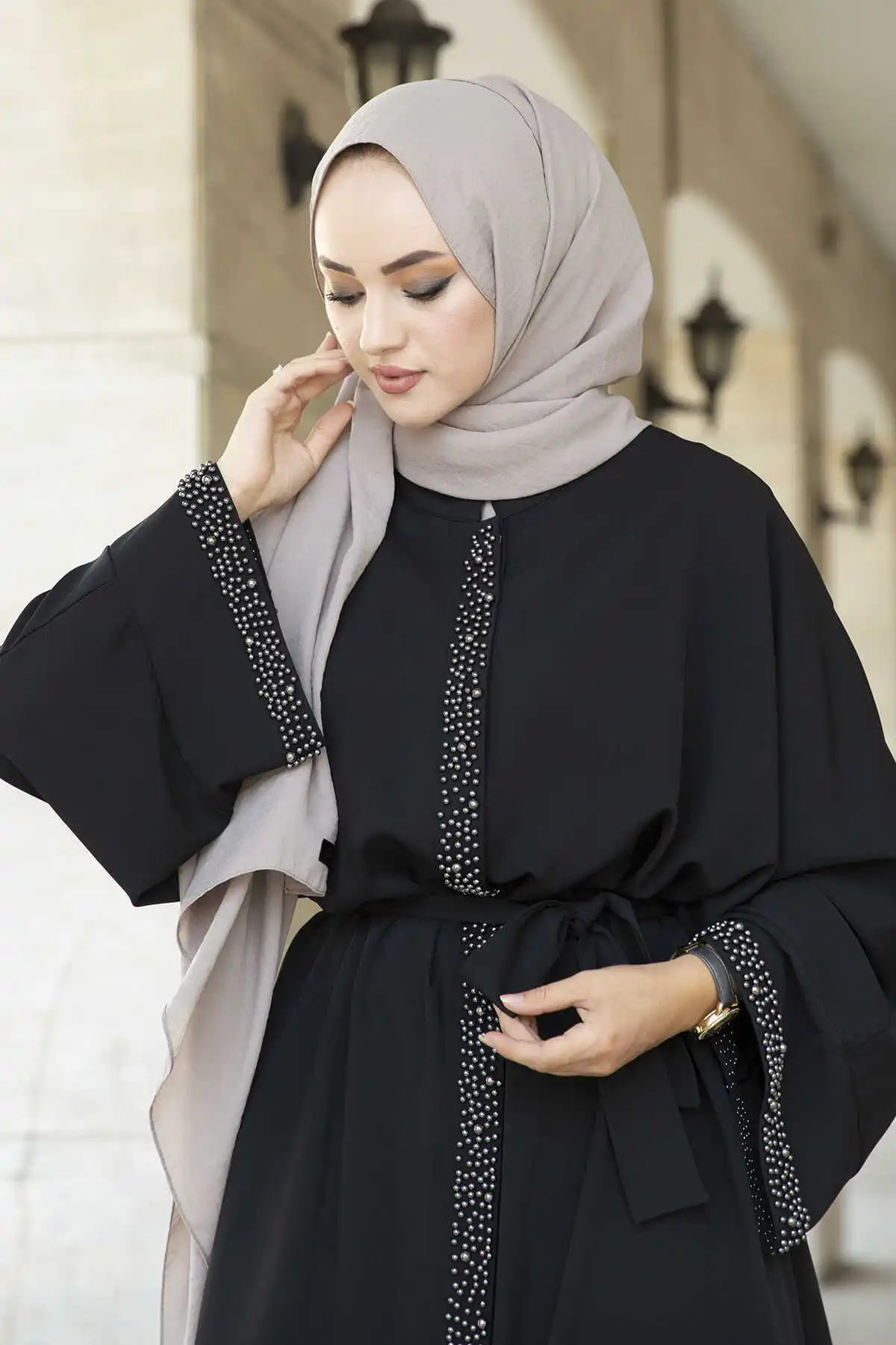 Pearl Detailed Stylish Abaya Ferace ASH- -Winter Autumn 2021 Muslim Women Hijab headscarf Islamic Turkey