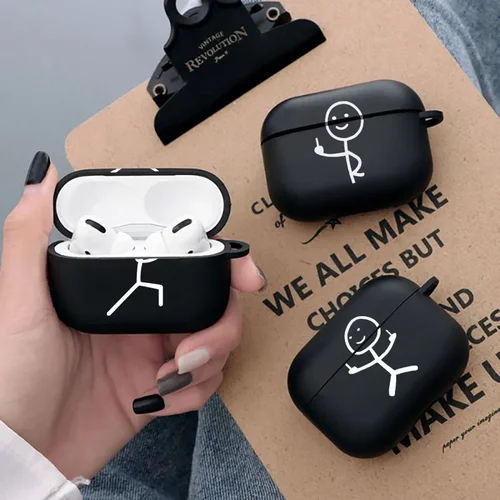 Imagen 2 del producto Fundas de Airpod humano de línea divertida Air Pro 4 para Airpods Pro 2 3. a generación, funda de Airpord, funda negra de arte de línea Simple de dibujos animados bonitos