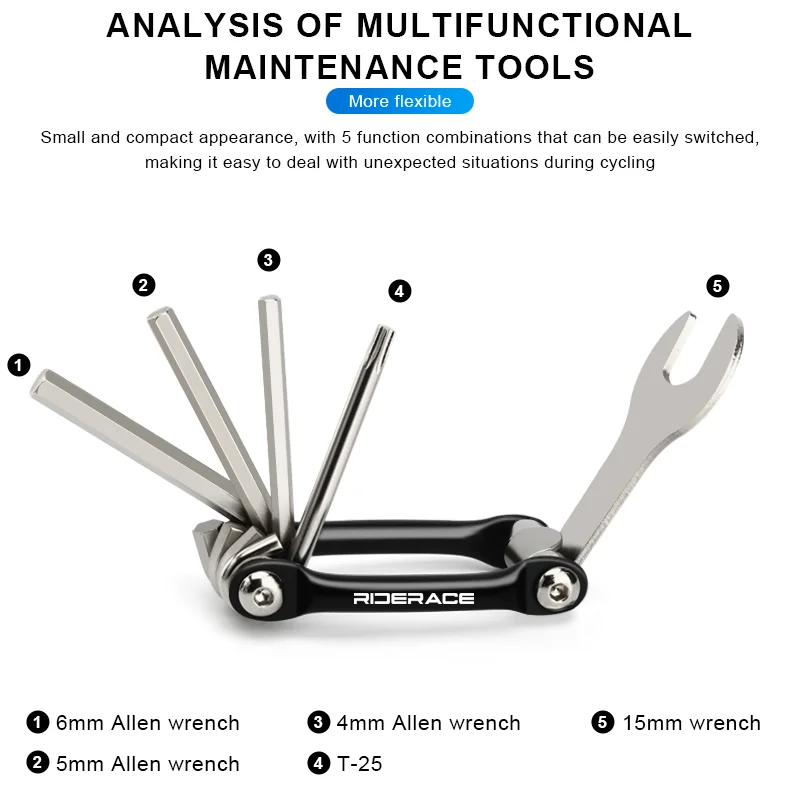 5 In 1 Bicycle Repair Tools Multi-Functional 4mm 5mm 6mm Hex Allen Wrench T25 15mm Pedal Spanner MTB Bike Multi Tool Portable