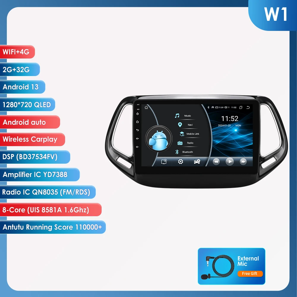 Draadloze CarPlay Android Auto autoradio voor Jeep Compass 2017 - 2020 GPS Intelligent Systems Stereo Multimedia Autoradio 4G 6115