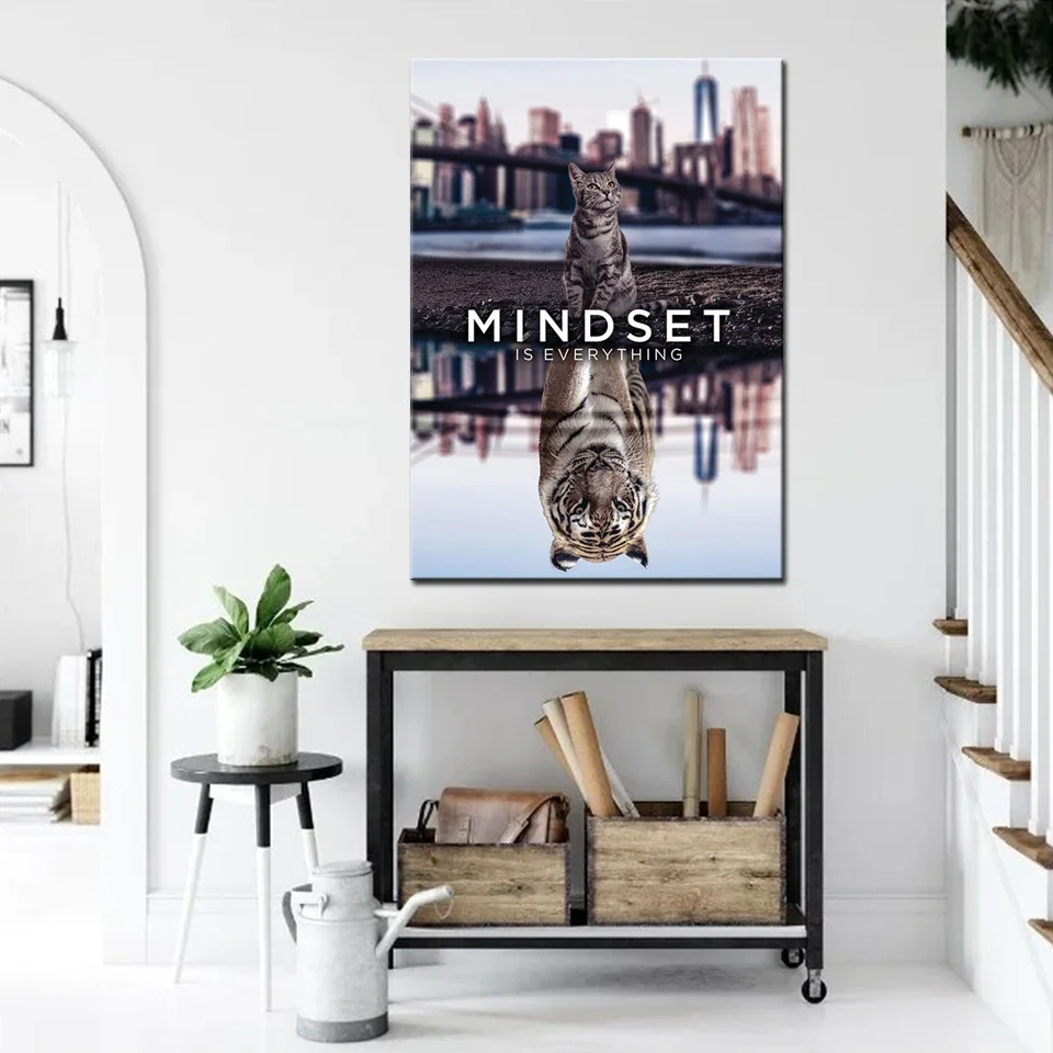 Mindset Is Everything Cat Inspirational Poster Wall Decor Canvas Art Print Picture For Home Decoration Painting Birthday Gift