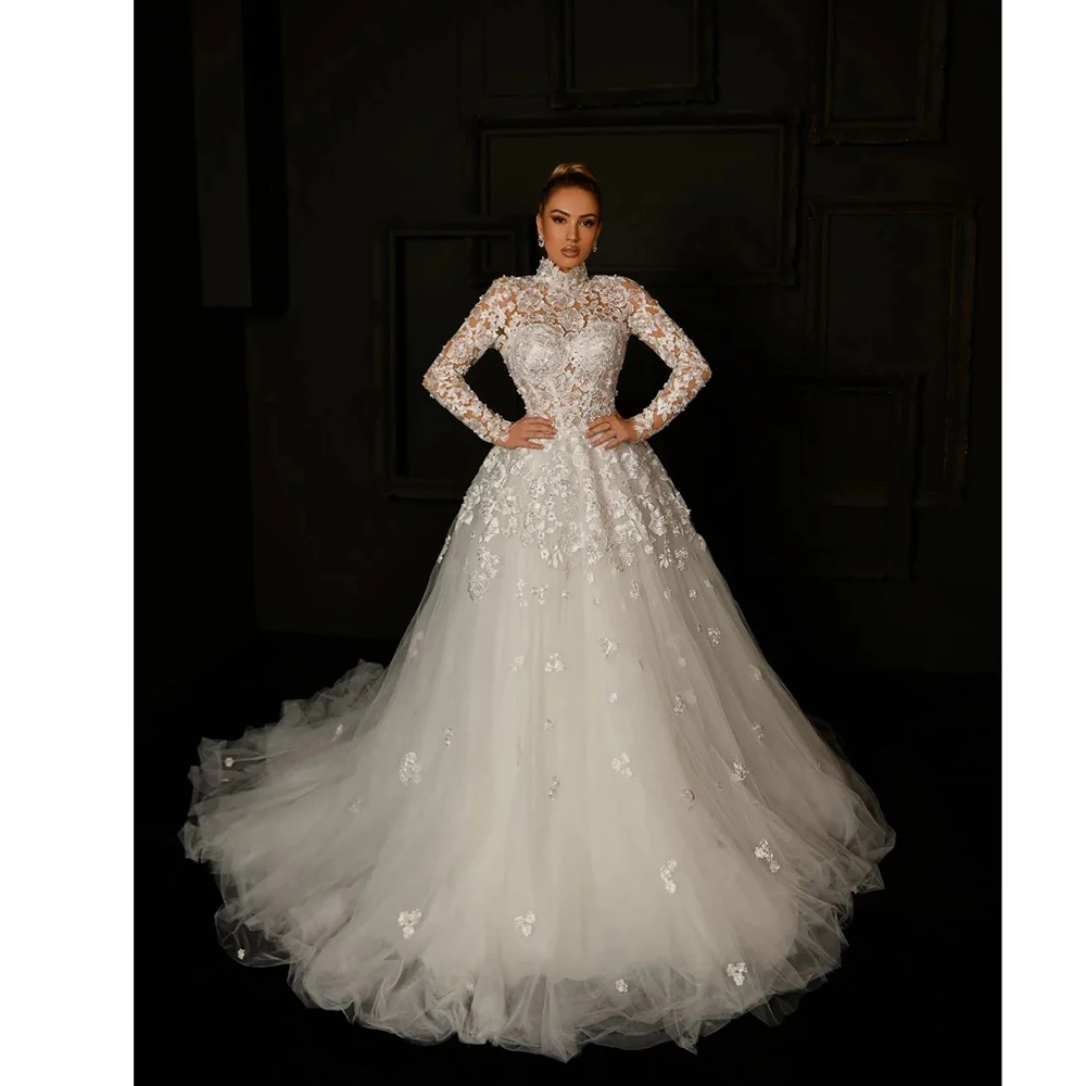 

Elegant Women Evening Dress Long Sleeve Appliques High-Neck Chapel Train Luxury Ball Gown Organza Formal Occasion Bridal Dresses