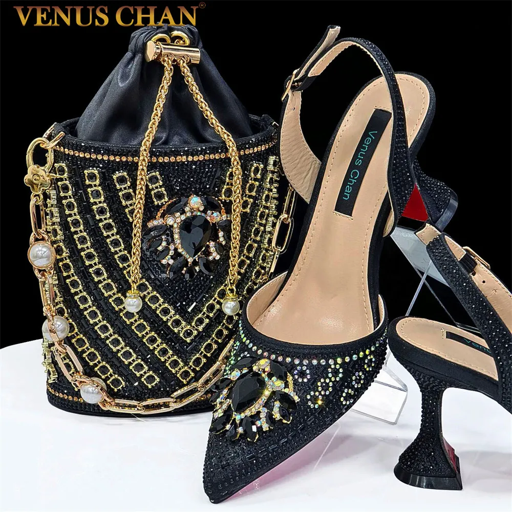 Venus Chan 2024 Latest Wedding Pointed Toe Women\'s Shoes High Heel Black Color Rhinestones italian shoes and bags matching set