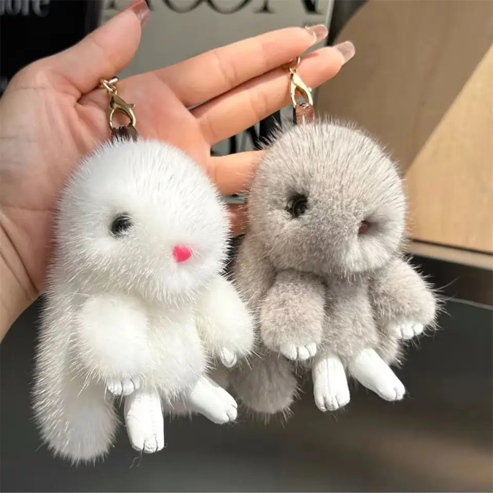 かわいいふわふわウサギの毛皮ポンポンバニーキーホルダーバッグペンダントカップル用車カラフルなケンチェーンジュエリーギフト
