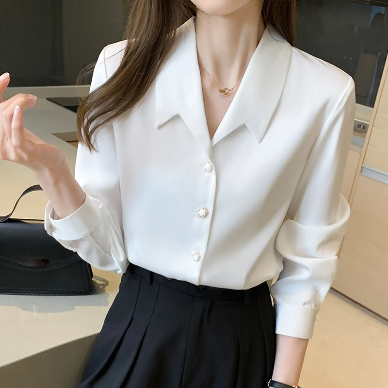 

Spring Autumn White Satin Women's Blouses 2025 New Long Sleeve Turn-down Collar Single Breasted Casual Korean Shirts Female