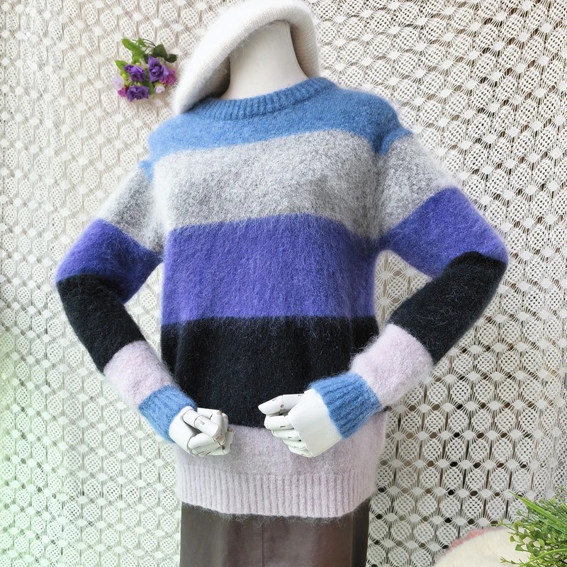 

Ladies Women Spring Autumn Fashion Striped Blue Hairy Mohair Wool Knitted O-Neck Long Sleeves Slim Blouses Pullover Sweater Pull