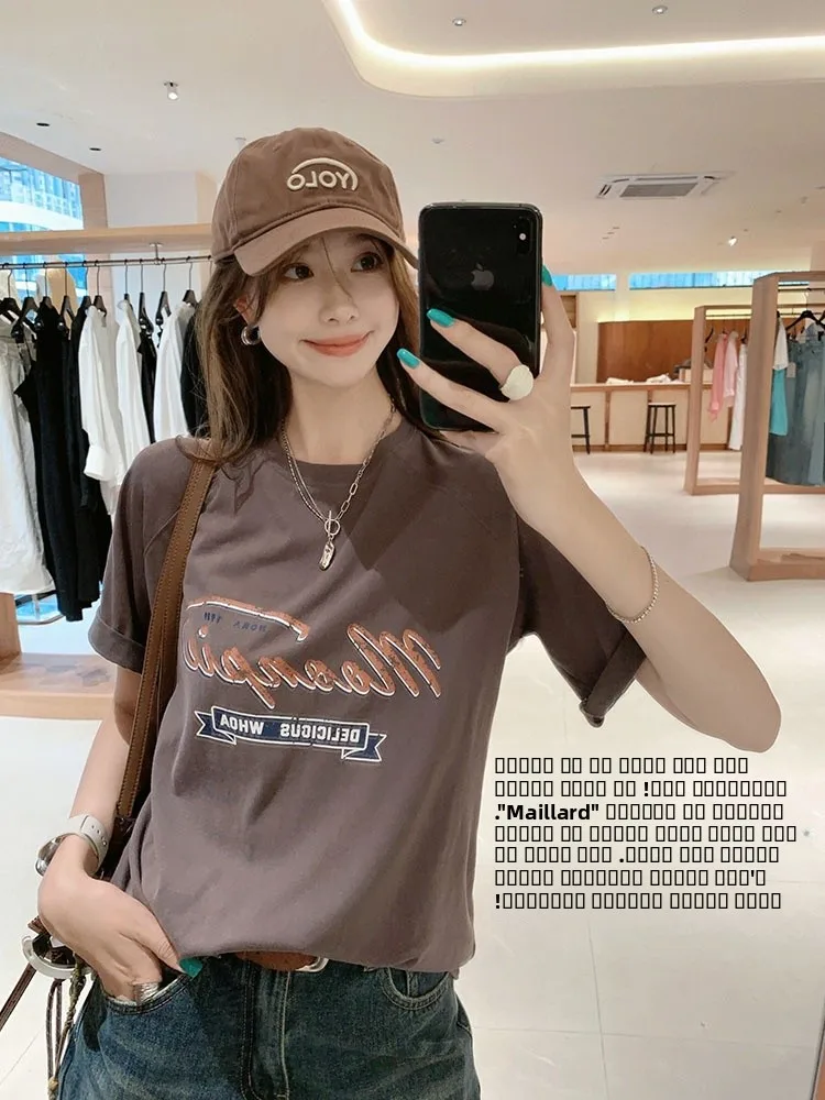 

MeiYang Little Sweetie T-irt Letter Print Casual round Ne ort Sve Color Blo Cotton Top for Women Summer Wear