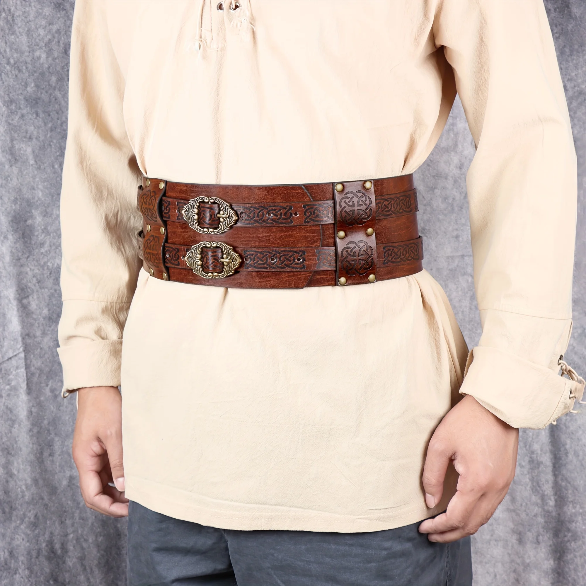 Medieval Viking Relief Pattern Waist Armor Retro Norwegian PU Wide Belt Corset Waist Cinch Suitable for LARP Halloween Costume P