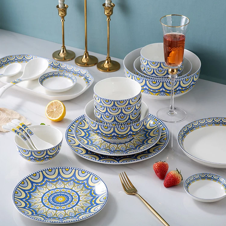 Handmade Pottery Stoneware Ceramic Porcelain Morocan Style Dinnerware Set 16pc Fine China Colorful Dinnerware Set Dinner Set