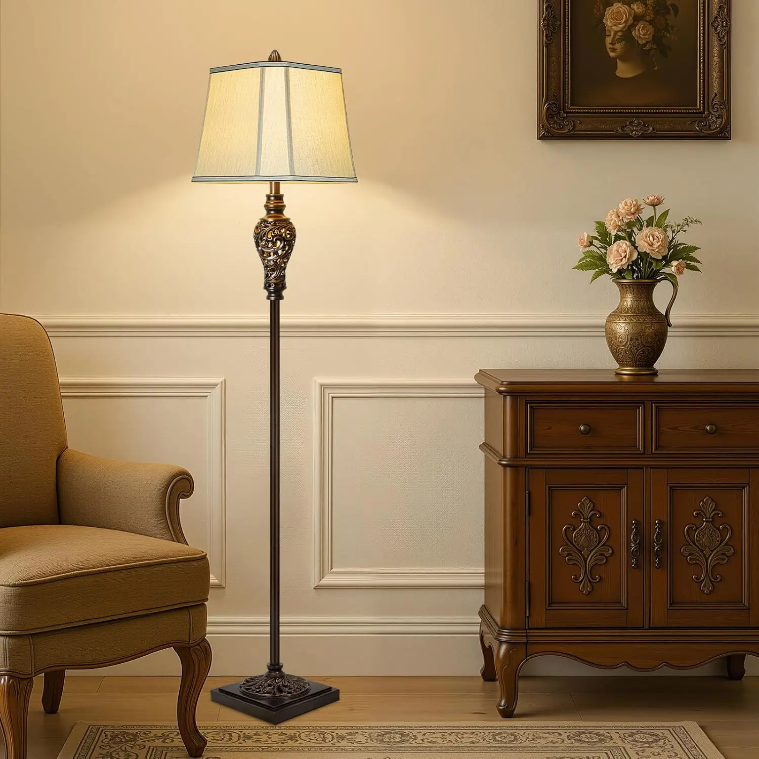 Vintage vloerlamp 65' retro staande lamp met bruine afwerking en beige kunstzijde kap, boerderij industriële hoge lamp voor