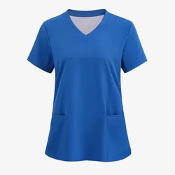 Solid Color Womens T Shirts Medical Nursing Uniform Stretch V-Neck Short Sleeve T-shirt Tops With Pocket Women's Clothing