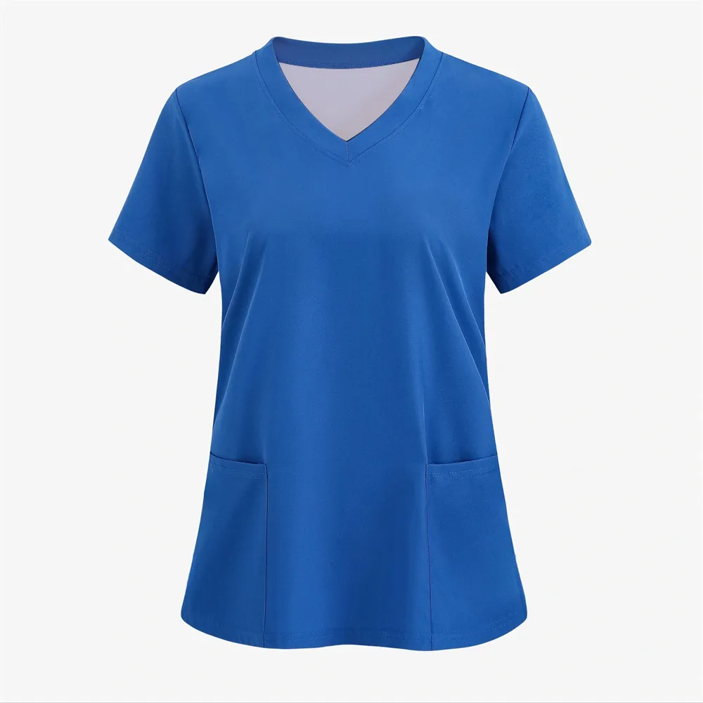 Solid Color Womens T Shirts Medical Nursing Uniform Stretch V-Neck Short Sleeve T-shirt Tops With Pocket Women's Clothing