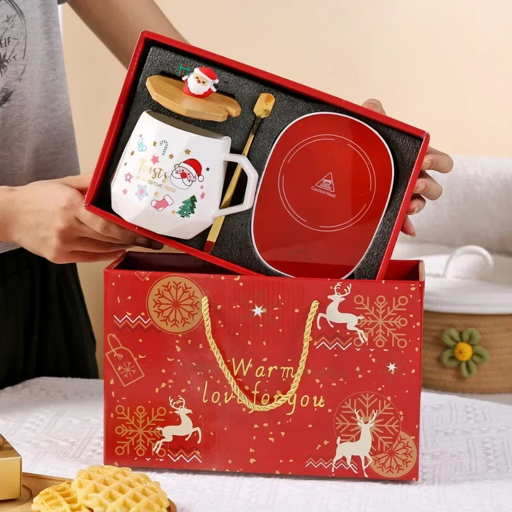 Warm 55 ℃   Keramikbecher mit Deckel, Löffel-Set, Becher-Geschenkbox mit Weihnachtsmann für den Büro- oder Heimgebrauch, Kaffeetassen, Weihnachtsgeschenkset