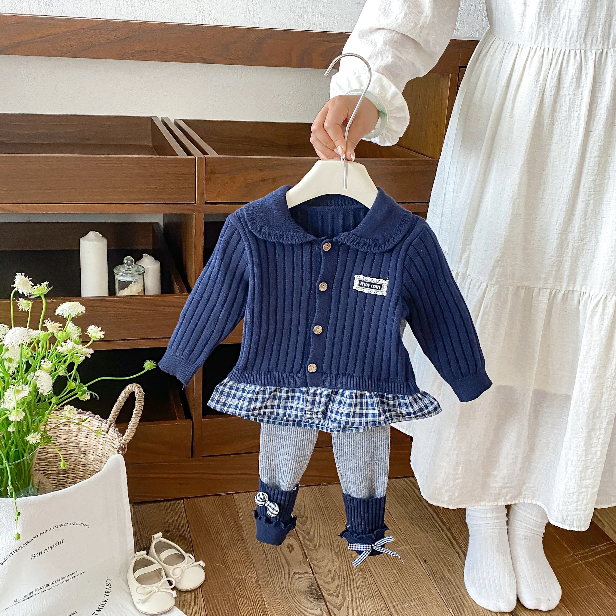 Fall Infant Knit Set for Girls: Checkered Patchwork Sweater Cardigan and Stylish Matching Leggings Two-piece Outfit