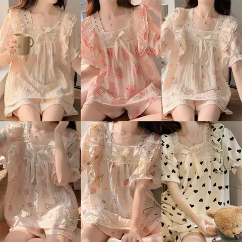 여성용 반팔 파자마, 만화 프린트, 레이스 버블, 주름 파자마, 만화 풀오버, 홈 세트, 잠옷, 잠옷, 여름