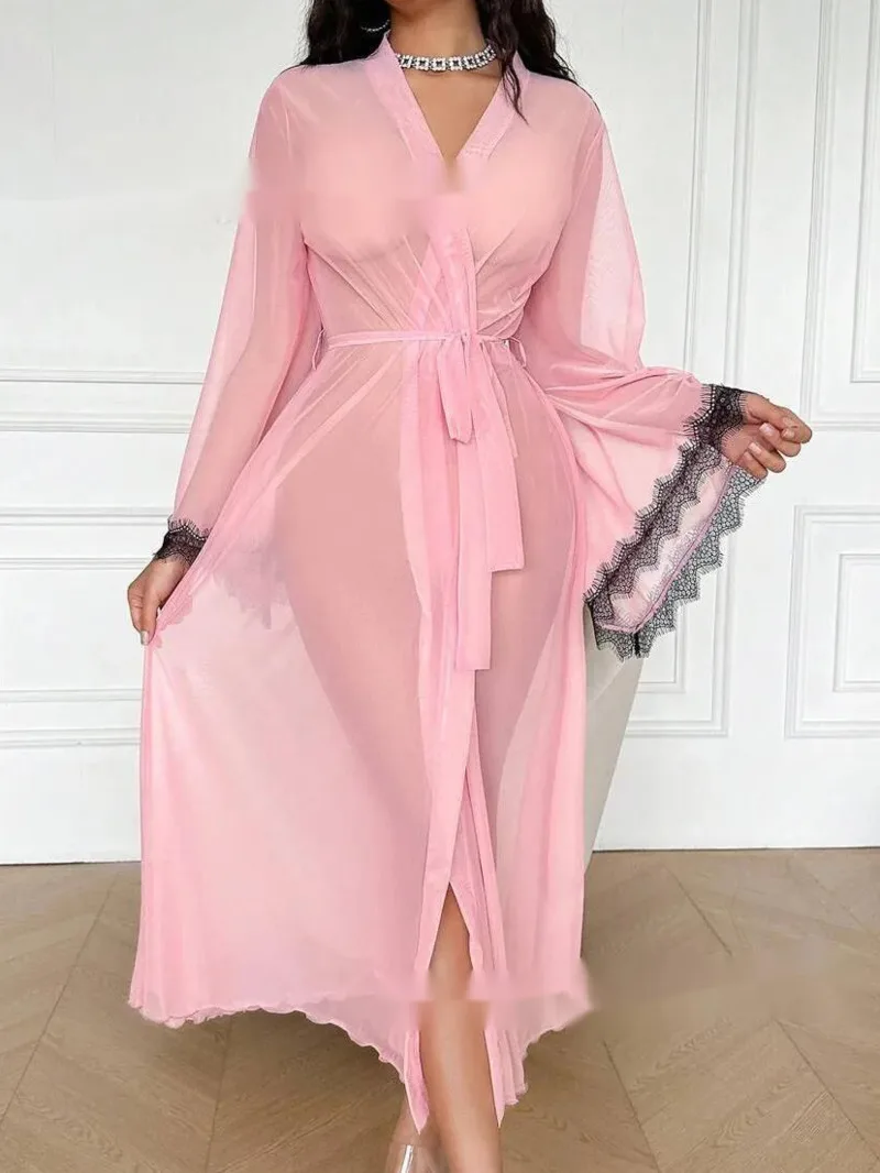 Novo sexy malha camisola vestido transparente sexy renda aparada fina vestido feminino manga comprida com decote em v vestido de cor sólida casaul grjj