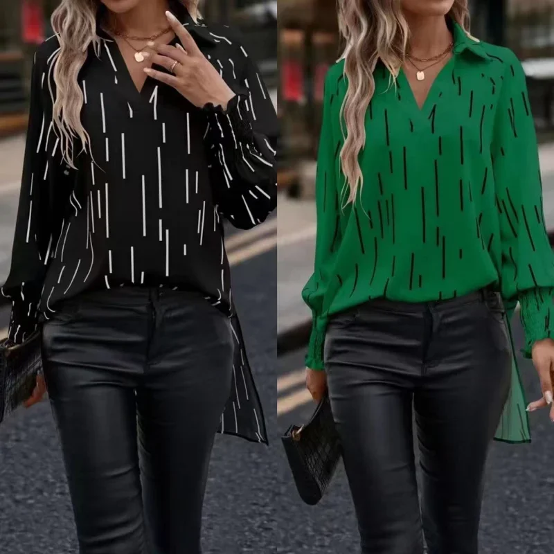 Camisa casual listrada solta para mulheres, blusa de manga comprida com gola V, tops da moda, roupas de streetwear, novo, primavera, outono, 2024, 25284