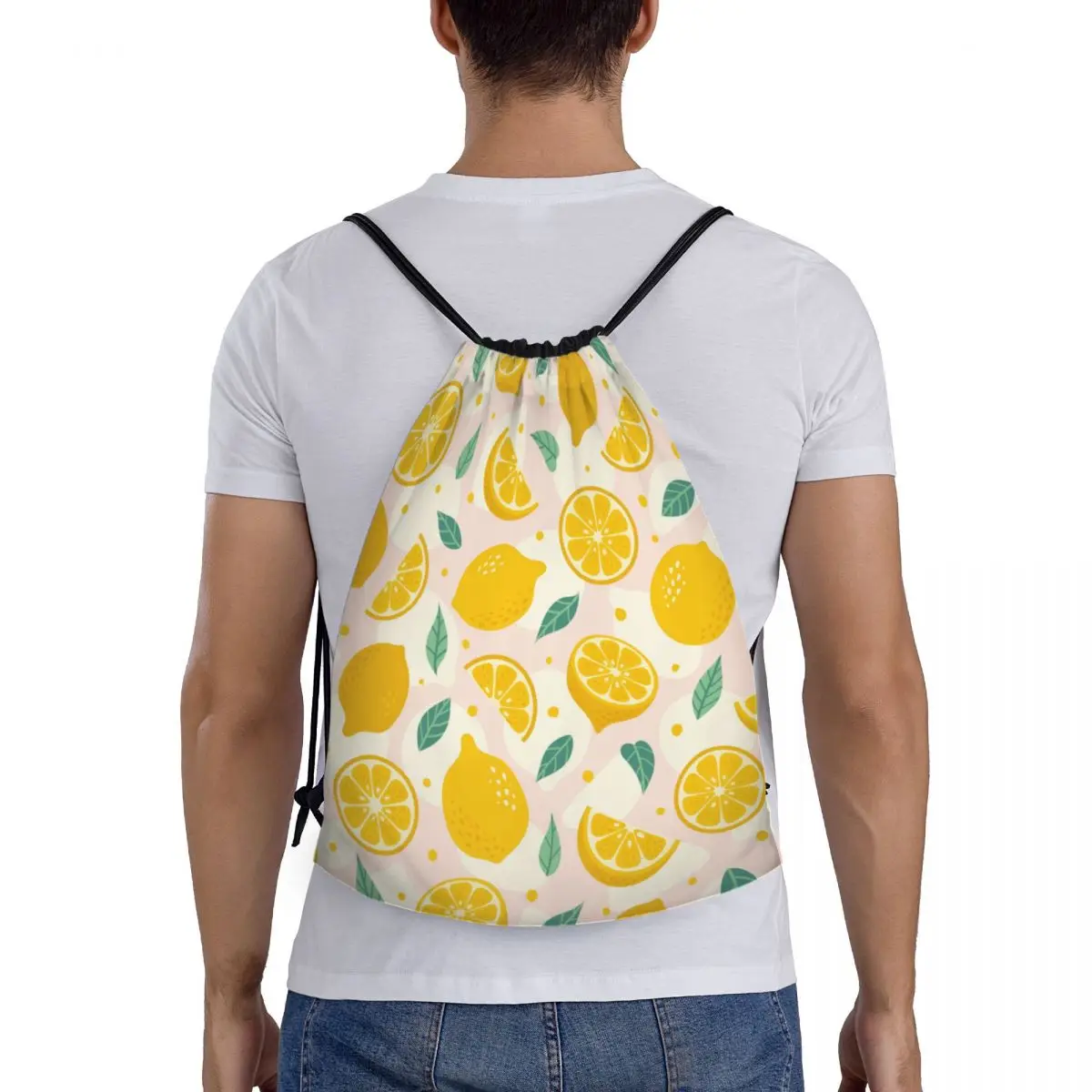 Summer Tropical Fruit Lemon Pattern Drawstring Bags Women Men Foldable Gym Sports Sackpack Shopping Storage Backpacks