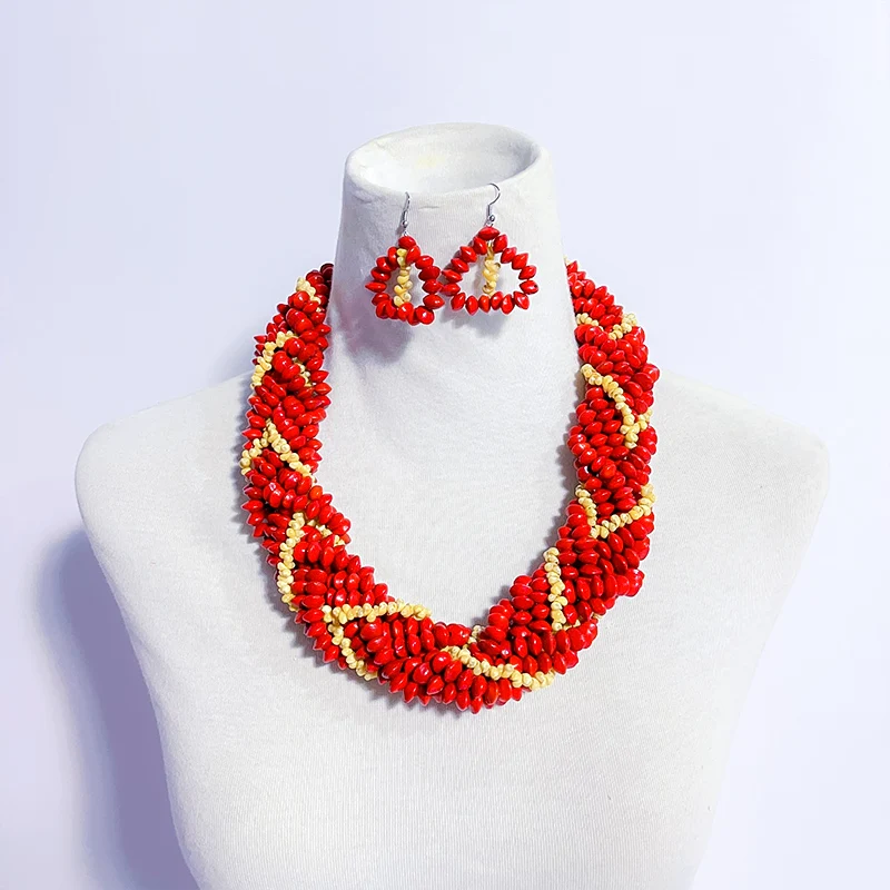 New Arrival Samoan Lopa Necklace Red Lucky Seeds With Yellow White Mongo Shell Braided Ula Lopa Set Luxury Hawaii Wiliwili Lei