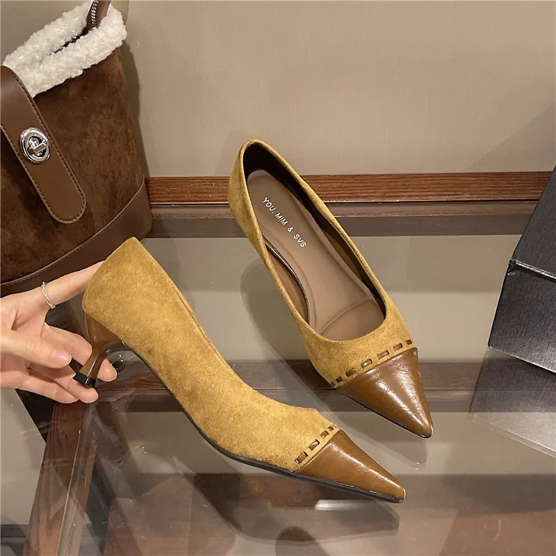 

Pointed Fleece One Strap Soft Sole Anti-Slip Wear-Resistant Low Top Shoes Fashion Kitten Heel Single Shoes