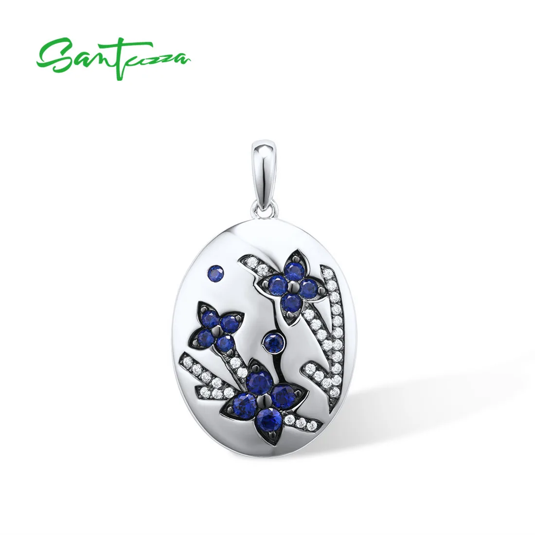 SANTUZZA 925 Sterling Silver Blue Flower Pendant For Women Created Sapphire White Cubic Zirconia Oval Shaped Fine Trend Jewelry