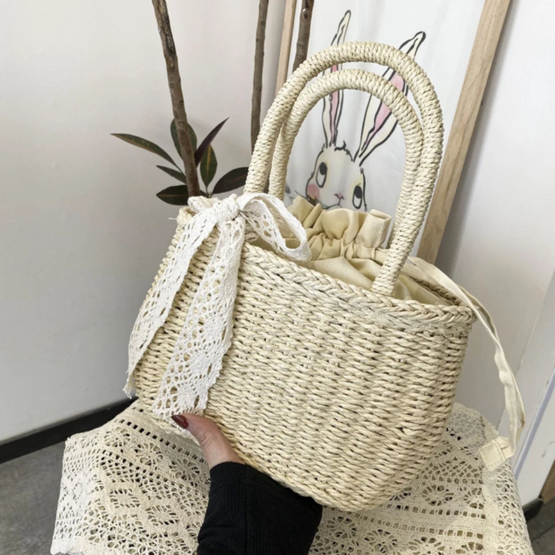 

Women Straw Woven Drawstring Handbag Girls Solid Color Holiday Purse Crossbody Beach Bags Summer Rattan Tote
